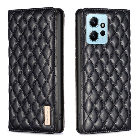 For Xiaomi Redmi Note 12 4G Global Diamond Lattice Magnetic Leather Flip Phone Case(Black) by buy2fix