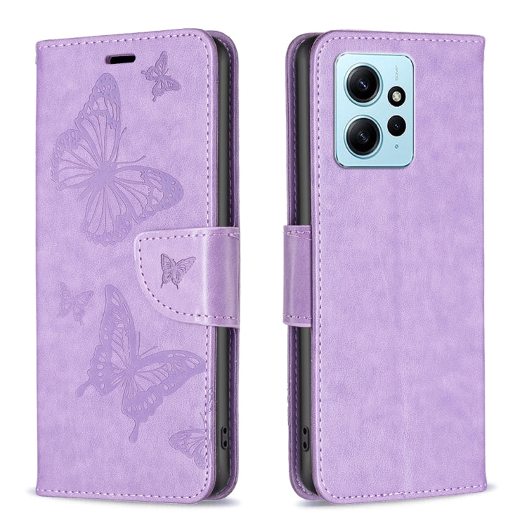 For Xiaomi Redmi Note 12 4G Global Two Butterflies Embossing Leather Phone Case(Purple) by buy2fix