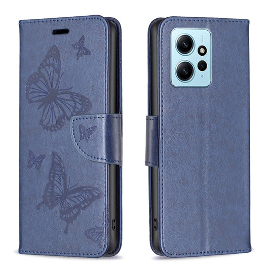For Xiaomi Redmi Note 12 4G Global Two Butterflies Embossing Leather Phone Case(Blue) by buy2fix