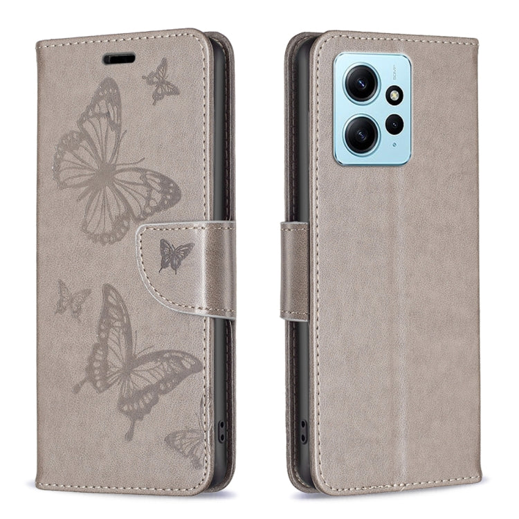 For Xiaomi Redmi Note 12 4G Global Two Butterflies Embossing Leather Phone Case(Grey) by buy2fix