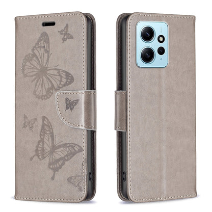 For Xiaomi Redmi Note 12 4G Global Two Butterflies Embossing Leather Phone Case(Grey) by buy2fix