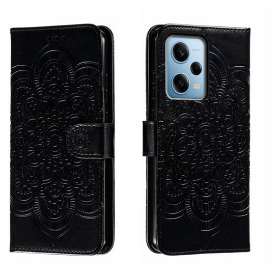 Pour Xiaomi Redmi Note 12 Pro 5G Global Sun Mandala gaufrage motif étui en cuir de téléphone (noir)