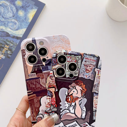 For iPhone 13 Precise Hole Oil Painting Glossy PC Phone Case(Newspaper) by buy2fix
