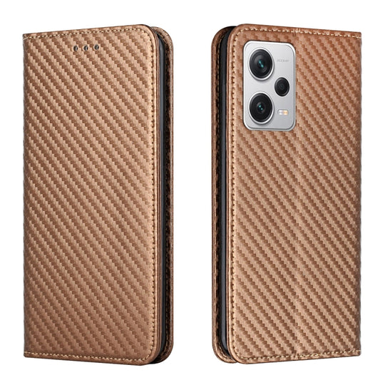 Pour Xiaomi Redmi Note 12 Pro 5G / Poco X5 Pro Étui de téléphone en cuir à rabat magnétique à texture en fibre de carbone (marron)