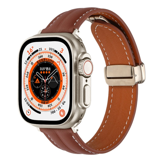 Folding Buckle Grooved Genuine Leather Watch Band For Apple Watch Ultra 49mm / Series 8&7 45mm / SE 2&6&SE&5&4 44mm / 3&2&1 42mm(Brown) - Watch Bands by buy2fix | Online Shopping UK | buy2fix