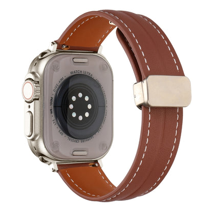 Folding Buckle Grooved Genuine Leather Watch Band For Apple Watch Ultra 49mm / Series 8&7 45mm / SE 2&6&SE&5&4 44mm / 3&2&1 42mm(Brown) - Watch Bands by buy2fix | Online Shopping UK | buy2fix