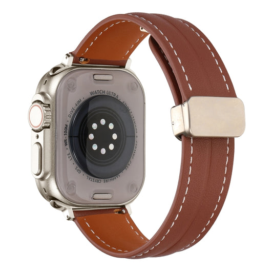 Folding Buckle Grooved Genuine Leather Watch Band For Apple Watch Ultra 49mm / Series 8&7 45mm / SE 2&6&SE&5&4 44mm / 3&2&1 42mm(Brown) - Watch Bands by buy2fix | Online Shopping UK | buy2fix