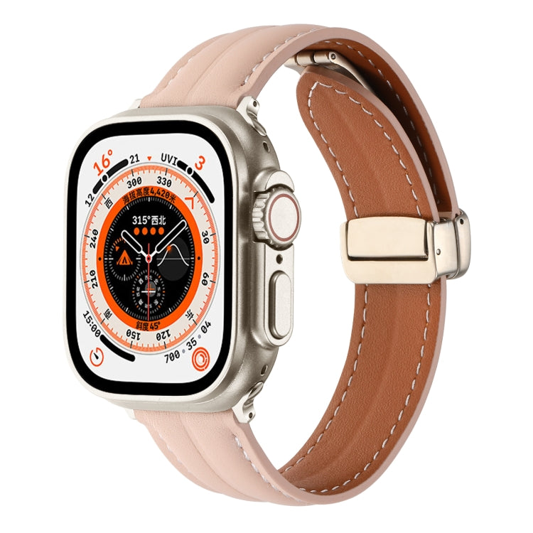 Folding Buckle Grooved Genuine Leather Watch Band For Apple Watch Series 8&7 41mm / SE 2&6&SE&5&4 40mm / 3&2&1 38mm(Light Pink) - Watch Bands by buy2fix | Online Shopping UK | buy2fix