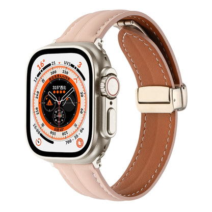 Folding Buckle Grooved Genuine Leather Watch Band For Apple Watch Series 8&7 41mm / SE 2&6&SE&5&4 40mm / 3&2&1 38mm(Light Pink) - Watch Bands by buy2fix | Online Shopping UK | buy2fix