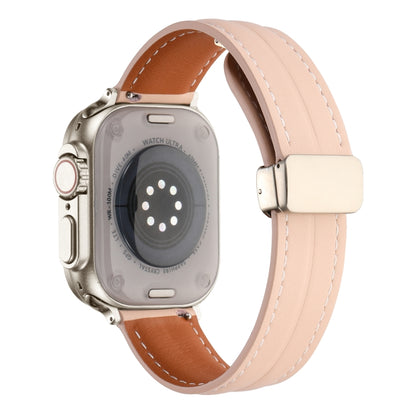 Folding Buckle Grooved Genuine Leather Watch Band For Apple Watch Series 8&7 41mm / SE 2&6&SE&5&4 40mm / 3&2&1 38mm(Light Pink) - Watch Bands by buy2fix | Online Shopping UK | buy2fix