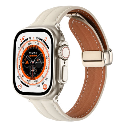 Folding Buckle Grooved Genuine Leather Watch Band For Apple Watch Series 8&7 41mm / SE 2&6&SE&5&4 40mm / 3&2&1 38mm(Beige) - Watch Bands by buy2fix | Online Shopping UK | buy2fix