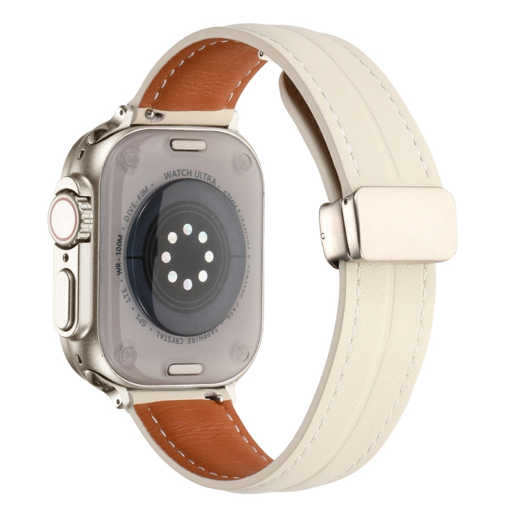 Folding Buckle Grooved Genuine Leather Watch Band For Apple Watch Series 8&7 41mm / SE 2&6&SE&5&4 40mm / 3&2&1 38mm(Beige) - Watch Bands by buy2fix | Online Shopping UK | buy2fix