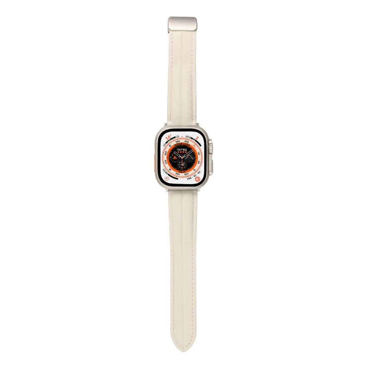 Folding Buckle Grooved Genuine Leather Watch Band For Apple Watch Series 8&7 41mm / SE 2&6&SE&5&4 40mm / 3&2&1 38mm(Beige) - Watch Bands by buy2fix | Online Shopping UK | buy2fix