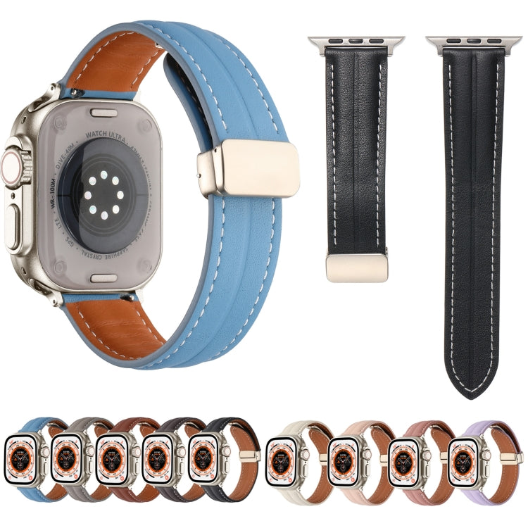 Folding Buckle Grooved Genuine Leather Watch Band For Apple Watch Series 8&7 41mm / SE 2&6&SE&5&4 40mm / 3&2&1 38mm(Light Pink) - Watch Bands by buy2fix | Online Shopping UK | buy2fix