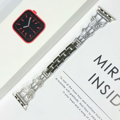 Butterfly Metal Diamond Watch Band For Apple Watch Series 9&8&7 41mm / SE 3&SE 2&6&SE&5&4 40mm / 3&2&1 38mm(Silver) - Watch Bands by buy2fix | Online Shopping UK | buy2fix