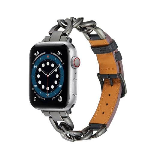 Chain + Leather Watch Band For Apple Watch Ultra 49mm&Watch Ultra 2 49mm / Series 9&8&7 45mm / SE 3&SE 2&6&SE&5&4 44mm / 3&2&1 42mm (Black+Black) - Watch Bands by buy2fix | Online Shopping UK | buy2fix