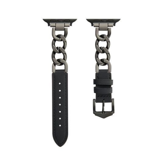 Chain + Leather Watch Band For Apple Watch Ultra 49mm&Watch Ultra 2 49mm / Series 9&8&7 45mm / SE 3&SE 2&6&SE&5&4 44mm / 3&2&1 42mm (Black+Black) - Watch Bands by buy2fix | Online Shopping UK | buy2fix