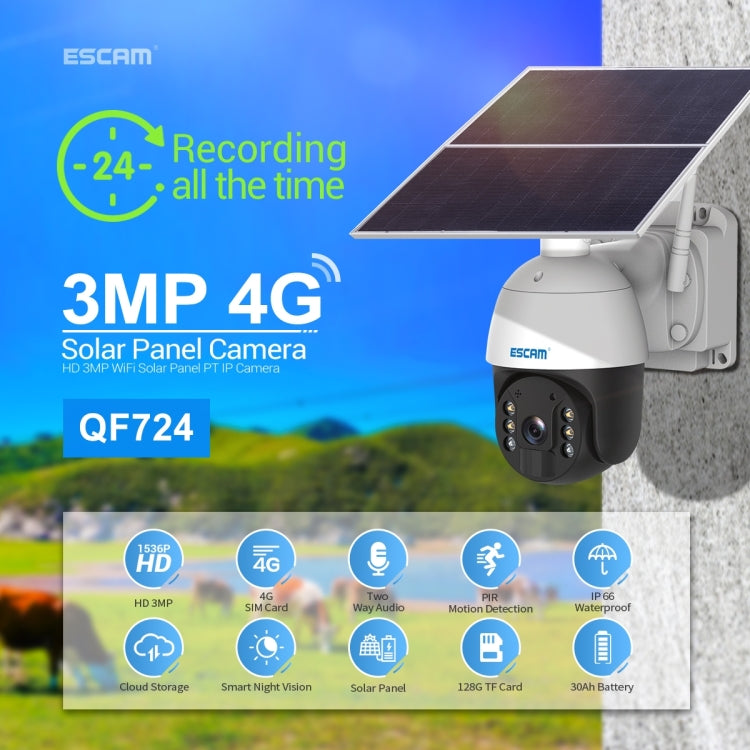 ESCAM QF724 3MP 24h Recording Cloud Storage PT 4G PIR Alarm IP Camera with Solar Panel, AU Signal Bands - Wireless Camera by ESCAM | Online Shopping UK | buy2fix