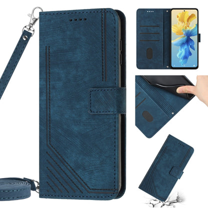 For Infinix Smart 6 Skin Feel Stripe Pattern Leather Phone Case with Lanyard(Blue) - Infinix Cases by buy2fix | Online Shopping UK | buy2fix