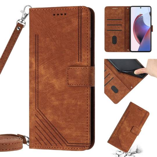 For Motorola Moto X40/X40 Pro/Edge+ 2023 Skin Feel Stripe Pattern Leather Phone Case with Lanyard(Brown)