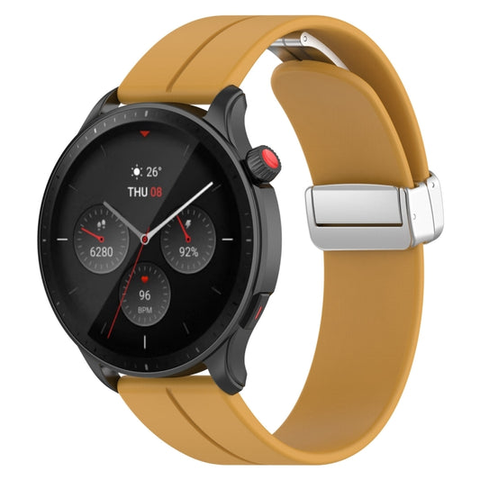 For Amazfit GTR 4 Magnetic Fold Clasp Silver Buckle Silicone Watch Band(Yellow) - Watch Bands by buy2fix | Online Shopping UK | buy2fix