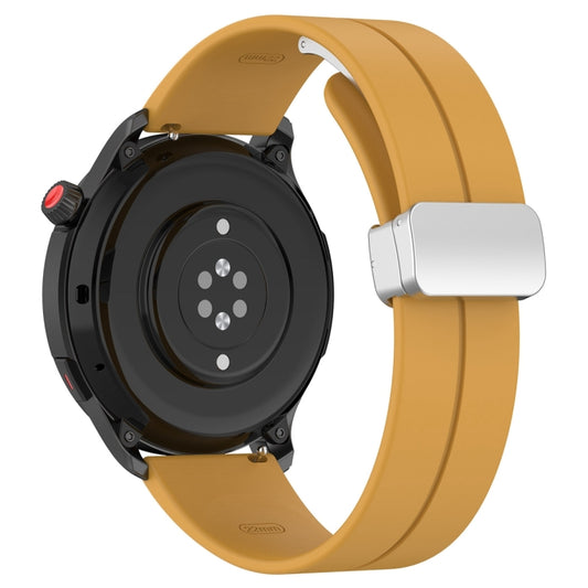 For Amazfit GTR 4 Magnetic Fold Clasp Silver Buckle Silicone Watch Band(Yellow) - Watch Bands by buy2fix | Online Shopping UK | buy2fix