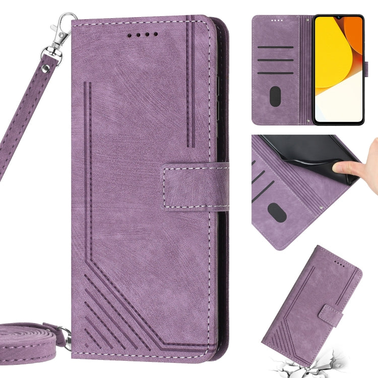 For vivo Y16 / Y02s Skin Feel Stripe Pattern Leather Phone Case with Lanyard(Purple) - vivo Cases by buy2fix | Online Shopping UK | buy2fix