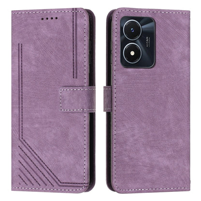For vivo Y16 / Y02s Skin Feel Stripe Pattern Leather Phone Case with Lanyard(Purple) - vivo Cases by buy2fix | Online Shopping UK | buy2fix