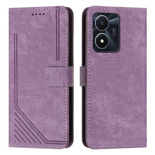 For vivo Y16 / Y02s Skin Feel Stripe Pattern Leather Phone Case with Lanyard(Purple) - vivo Cases by buy2fix | Online Shopping UK | buy2fix