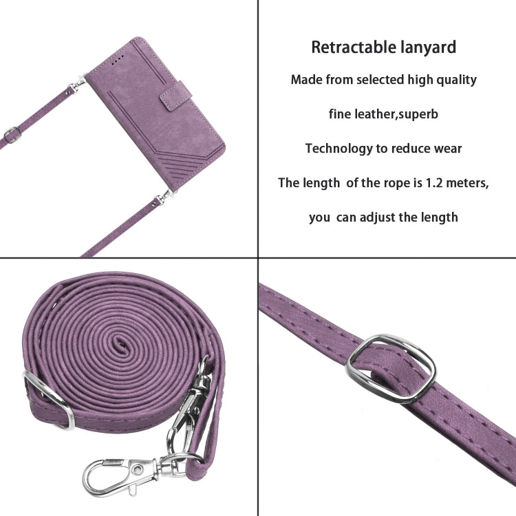 For vivo Y16 / Y02s Skin Feel Stripe Pattern Leather Phone Case with Lanyard(Purple) - vivo Cases by buy2fix | Online Shopping UK | buy2fix