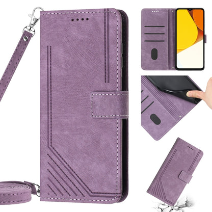 Skin Feel Stripe Pattern Leather Phone Case with Lanyard for vivo Y20 / Y20i / Y20s / Y12s Global / Y11s Global / Y20 2021 / Y20g / Y30g / Y20a Global / Y3s 2021 / iQOO U1x(Purple) - vivo Cases by buy2fix | Online Shopping UK | buy2fix