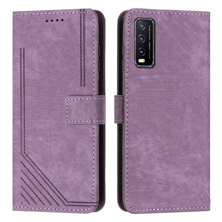 Skin Feel Stripe Pattern Leather Phone Case with Lanyard for vivo Y20 / Y20i / Y20s / Y12s Global / Y11s Global / Y20 2021 / Y20g / Y30g / Y20a Global / Y3s 2021 / iQOO U1x(Purple) - vivo Cases by buy2fix | Online Shopping UK | buy2fix