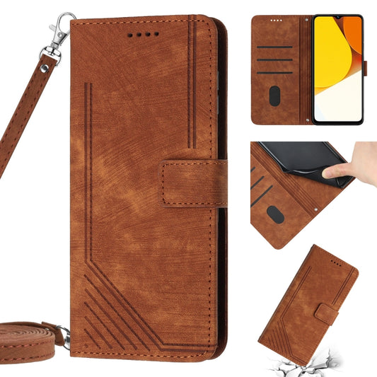 For vivo Y33s / Y21 2021 / Y21s Skin Feel Stripe Pattern Leather Phone Case with Lanyard(Brown) - vivo Cases by buy2fix | Online Shopping UK | buy2fix