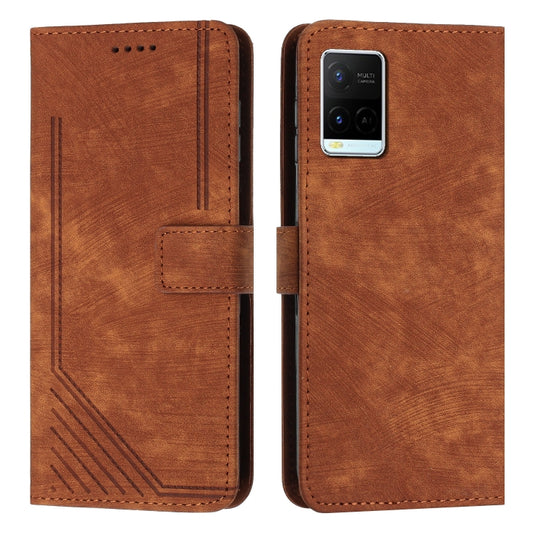 For vivo Y33s / Y21 2021 / Y21s Skin Feel Stripe Pattern Leather Phone Case with Lanyard(Brown) - vivo Cases by buy2fix | Online Shopping UK | buy2fix