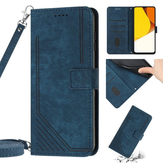 For vivo Y35 4G 2022 / Y22s / Y22 Skin Feel Stripe Pattern Leather Phone Case with Lanyard(Blue) - vivo Cases by buy2fix | Online Shopping UK | buy2fix