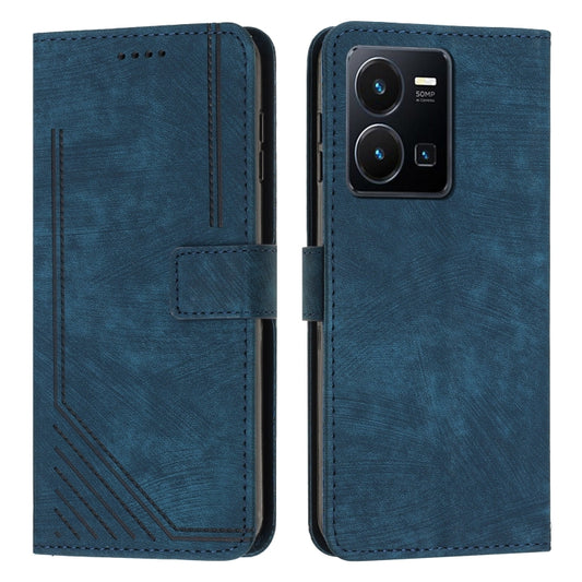 For vivo Y35 4G 2022 / Y22s / Y22 Skin Feel Stripe Pattern Leather Phone Case with Lanyard(Blue) - vivo Cases by buy2fix | Online Shopping UK | buy2fix