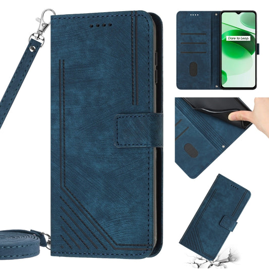 For Realme 9 Pro+ / 9 4G Skin Feel Stripe Pattern Leather Phone Case with Lanyard(Blue) - Realme Cases by buy2fix | Online Shopping UK | buy2fix