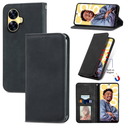 For Realme C55 Retro Skin Feel Magnetic Leather Phone Case(Black) - Realme Cases by buy2fix | Online Shopping UK | buy2fix