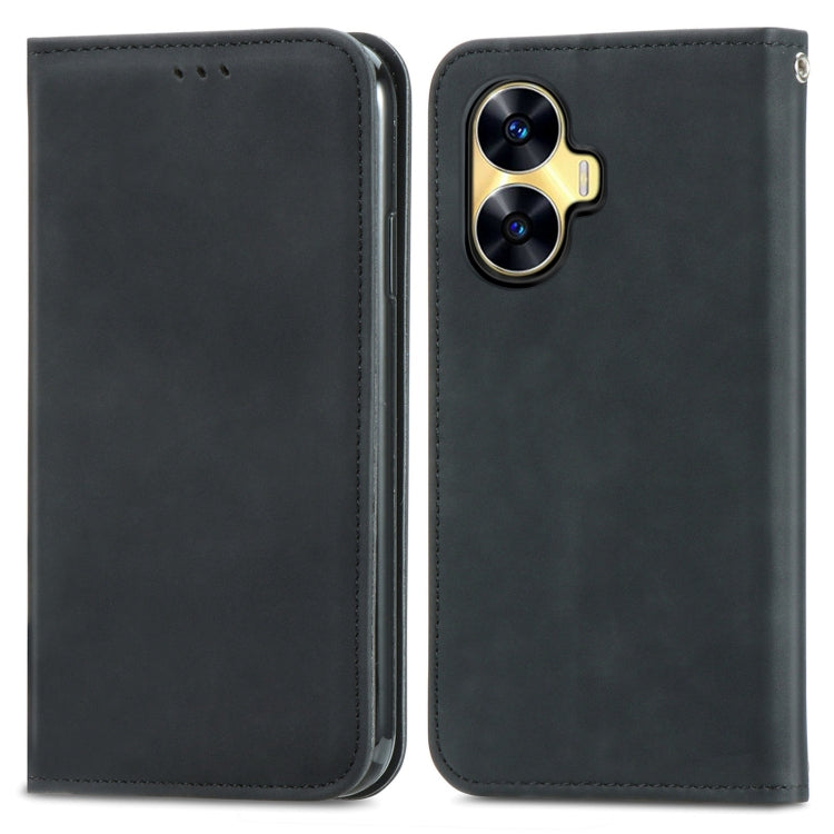 For Realme C55 Retro Skin Feel Magnetic Leather Phone Case(Black) - Realme Cases by buy2fix | Online Shopping UK | buy2fix