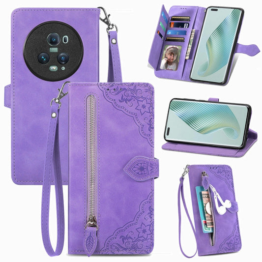 For Honor Magic5 Pro Embossed Flower Zipper Leather Phone Case(Purple) by buy2fix