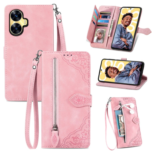For Realme C55 Embossed Flower Zipper Leather Phone Case(Pink) - Realme Cases by buy2fix | Online Shopping UK | buy2fix