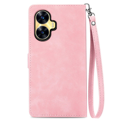 For Realme C55 Embossed Flower Zipper Leather Phone Case(Pink) - Realme Cases by buy2fix | Online Shopping UK | buy2fix