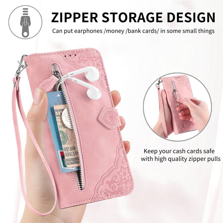 For Realme C55 Embossed Flower Zipper Leather Phone Case(Pink) - Realme Cases by buy2fix | Online Shopping UK | buy2fix