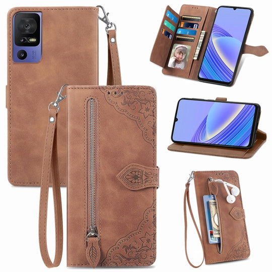 Pour TCL 40 SE Étui de téléphone en cuir avec fermeture éclair à fleurs en relief (marron)