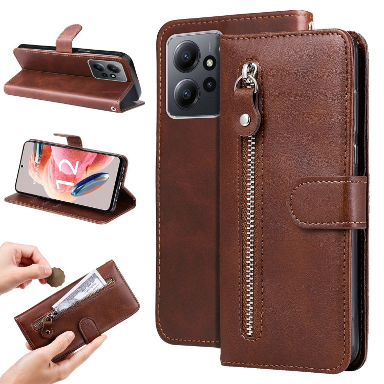 For Xiaomi Redmi Note 12 4G Global Calf Texture Zipper Leather Phone Case(Brown) by buy2fix
