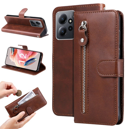 For Xiaomi Redmi Note 12 4G Global Calf Texture Zipper Leather Phone Case(Brown) by buy2fix