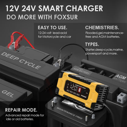 FOXSUR 12V / 24V / 10A Car / Motorcycle Battery Smart Repair Lead-acid Battery Charger(US Plug Yellow) - Battery Charger by FOXSUR | Online Shopping UK | buy2fix