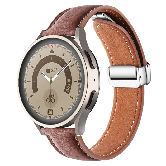 22mm Folding Buckle Plain Weave Genuine Leather Watch Band(Brown+Silver) - 22mm Bands by buy2fix | Online Shopping UK | buy2fix