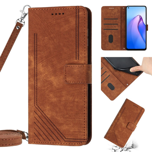 For OPPO A7 / A5s / A12 Skin Feel Stripe Pattern Leather Phone Case with Lanyard(Brown) - OPPO Cases by buy2fix | Online Shopping UK | buy2fix