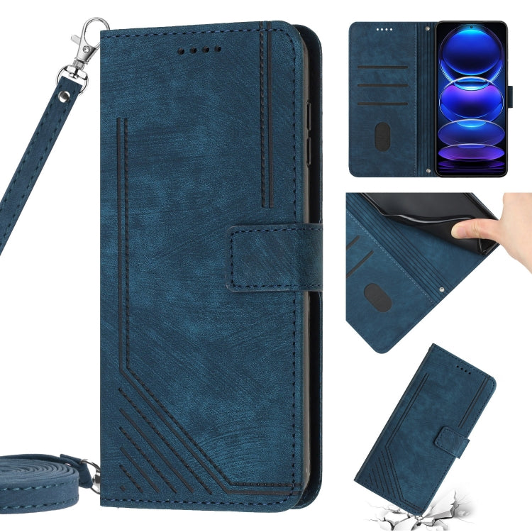 For Xiaomi Redmi Note 12 5G Global / Poco X5 5G Skin Feel Stripe Pattern Leather Phone Case with Lanyard(Blue) by buy2fix